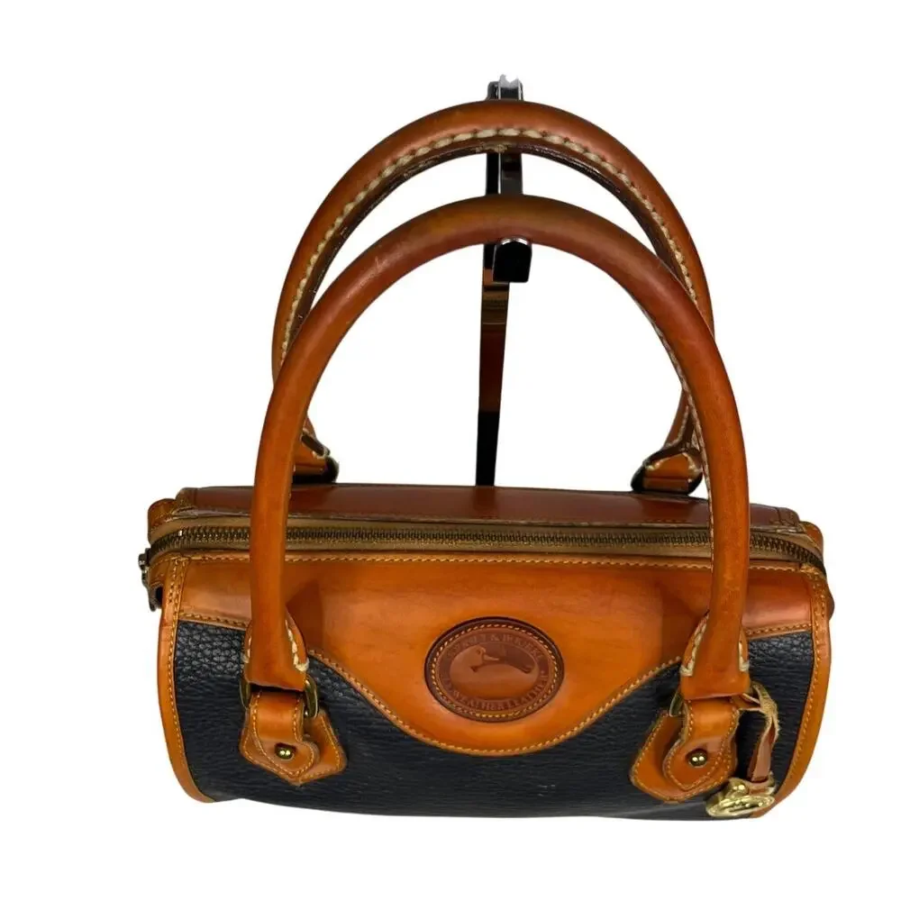 Vintage Dooney & Bourke AWL Navy British Tan Leather Barrel Satchel USA